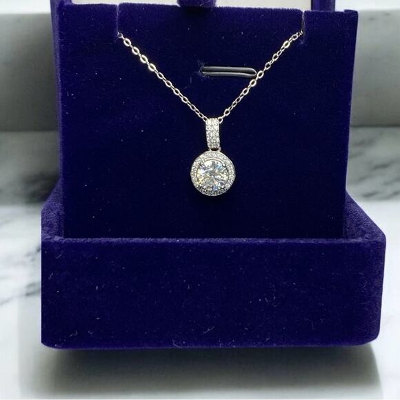 Jewelry - Moissanite Halo Round Necklace 18K over 925 NEW